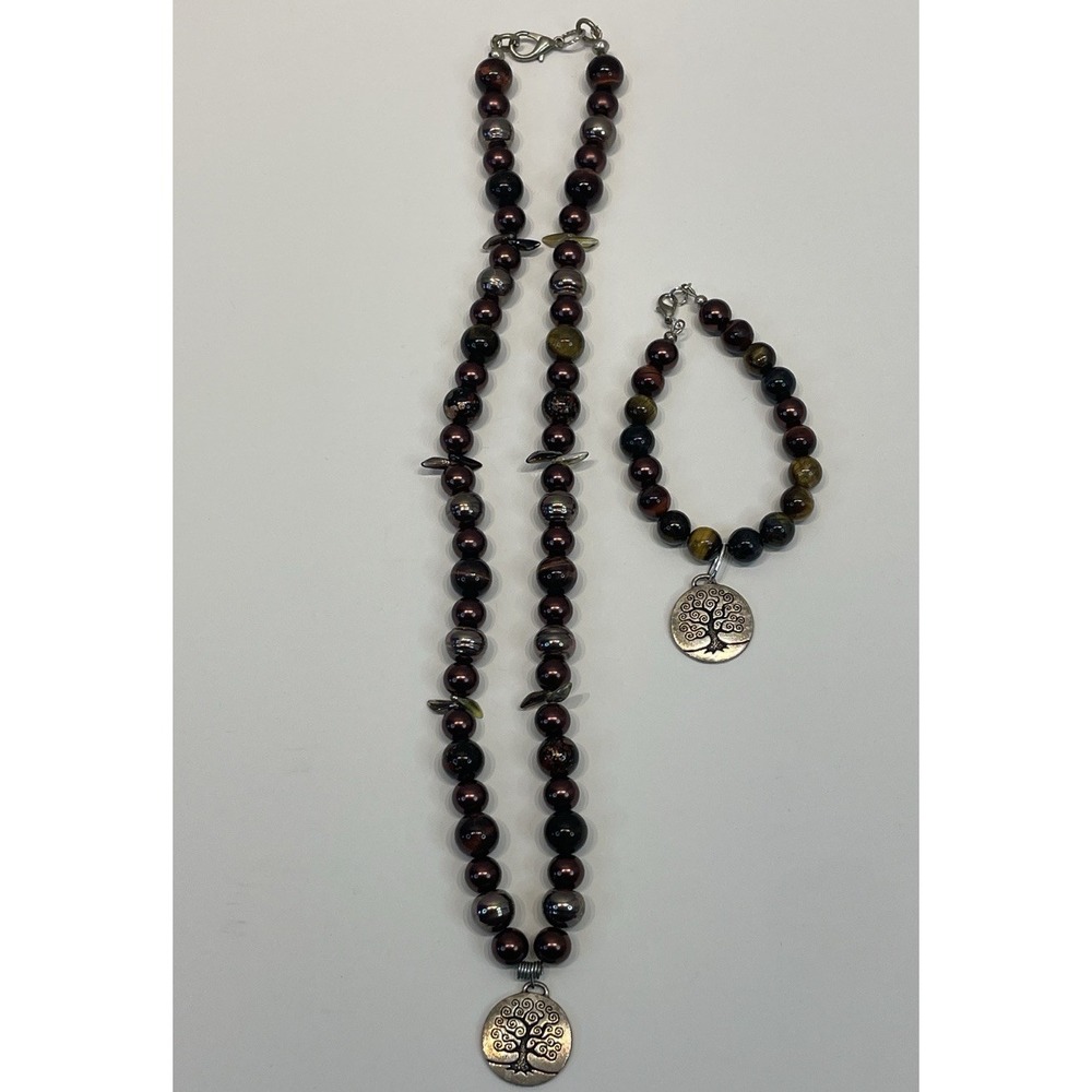 Tree of LIfe Beaded Necklace & Bracelet Iridescent Faux Pearl Beads
